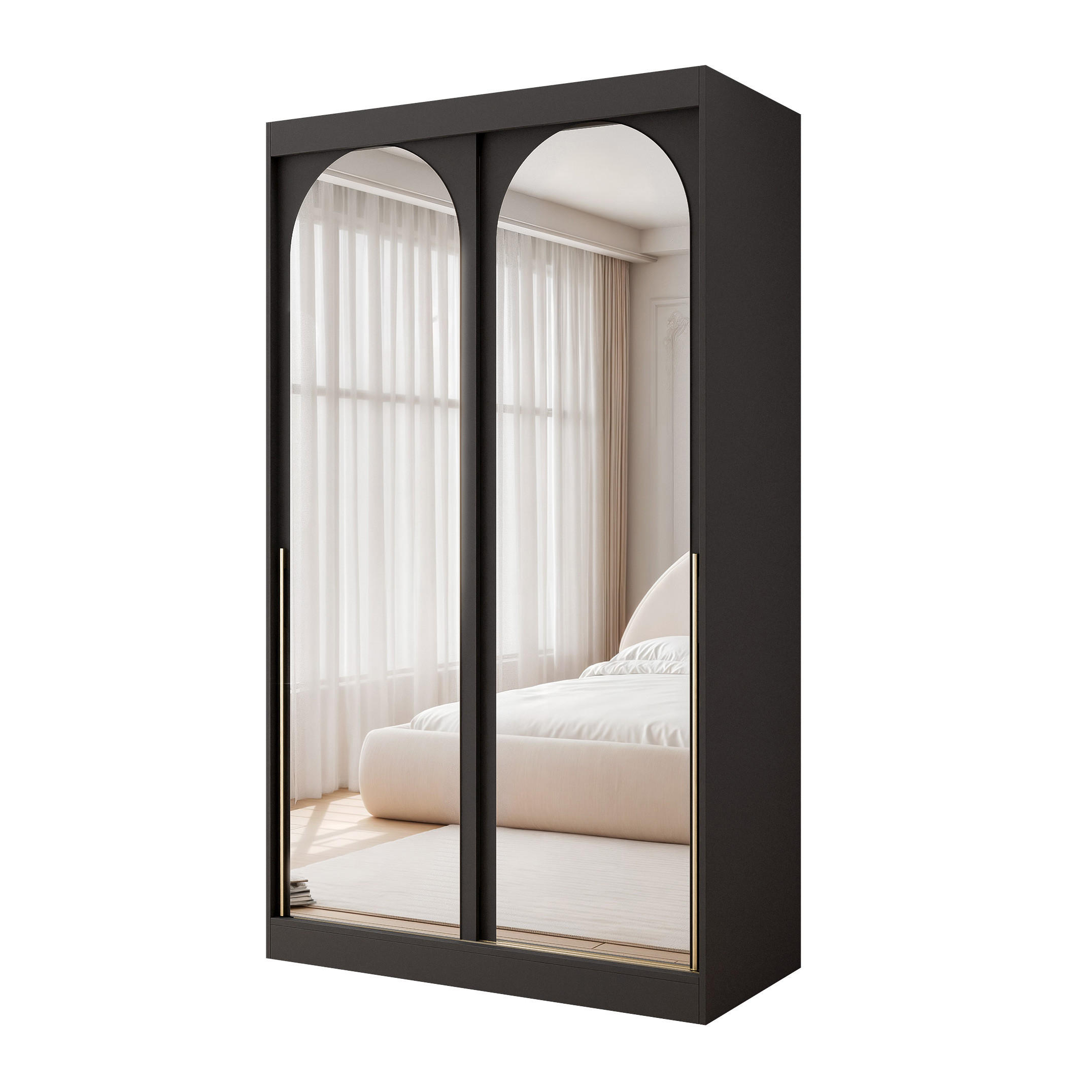 SCHWEBETÜRENSCHRANK CLARITY 2-türig 120/65/215 cm Schwarz / goldene Griffe - Goldfarben/Schwarz, Holzwerkstoff/Kunststoff (120/215/65cm) - Idohome