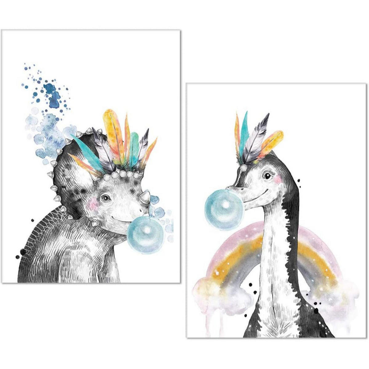 POSTER Set Mit 2 Dinosaurier Nordic A4 A4 Schwarzer Rahmen - Schwarz, Papier (29.7/5/21cm) - Nacnic