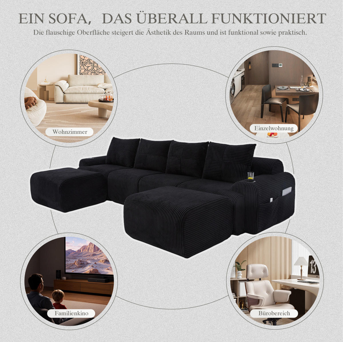 WOHNLANDSCHAFT Modulares Sofa 333/174/80 cm schwarz aus Cord mit Getränkehalter und Seitentasche - Schwarz, Textil (174/80/333cm) - Modenvie