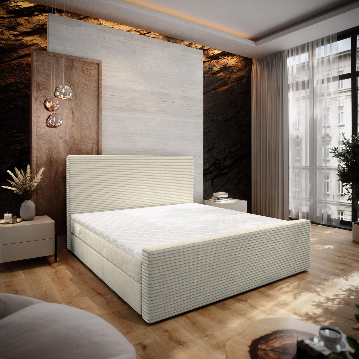 BOXBETT ALORIA 140x200 cm mit Matratze und Topper - Creme - Creme, Holz (140/200cm) - MASSENO