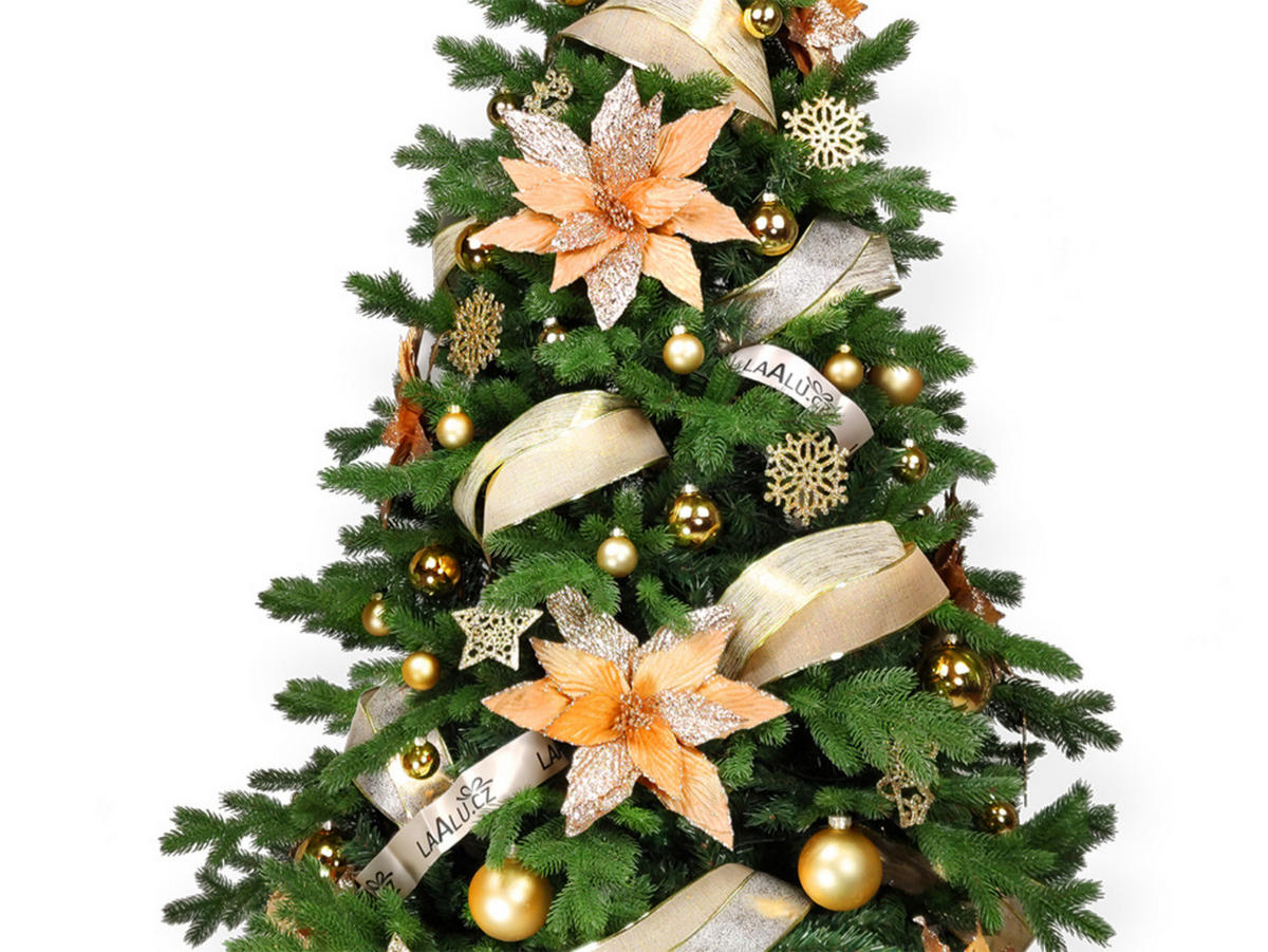 WEIHNACHTSBAUM geschmückt künstlich mit 152 Stk Kugeln GOLD GLITTER II 270 cm mit Metallständer - Goldfarben/Braun, Kunststoff (270cm) - LAALU