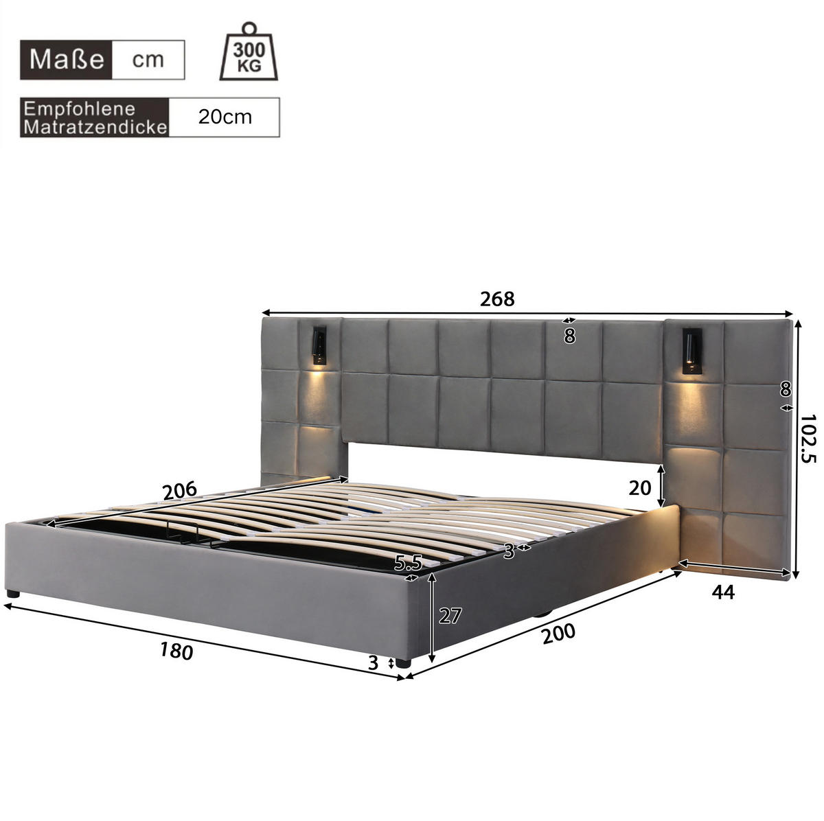 POLSTERBETT aus Stahl 180x200 cm Grau mit Bettkasten, Leselicht und USB-Anschlüssen - Grau, Textil (180/200cm) - IVMEU