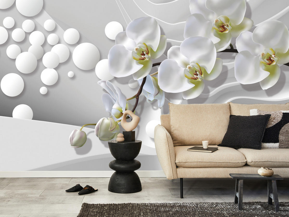 FOTOTAPETE für Badezimmer Geometrische Abstraktion Weiße Orchideen Blumen 300x210 - Gelb/Weiß, Papier (300/210cm) - Muralo