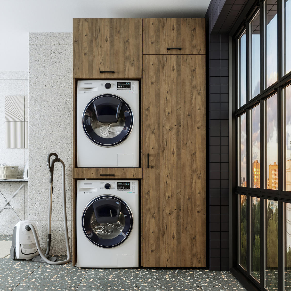 WASCHMASCHINENSCHRANK DUO-I 127cm Breit, 240cm Hoch - Eichefarben, Holzwerkstoff (127/240/67cm)