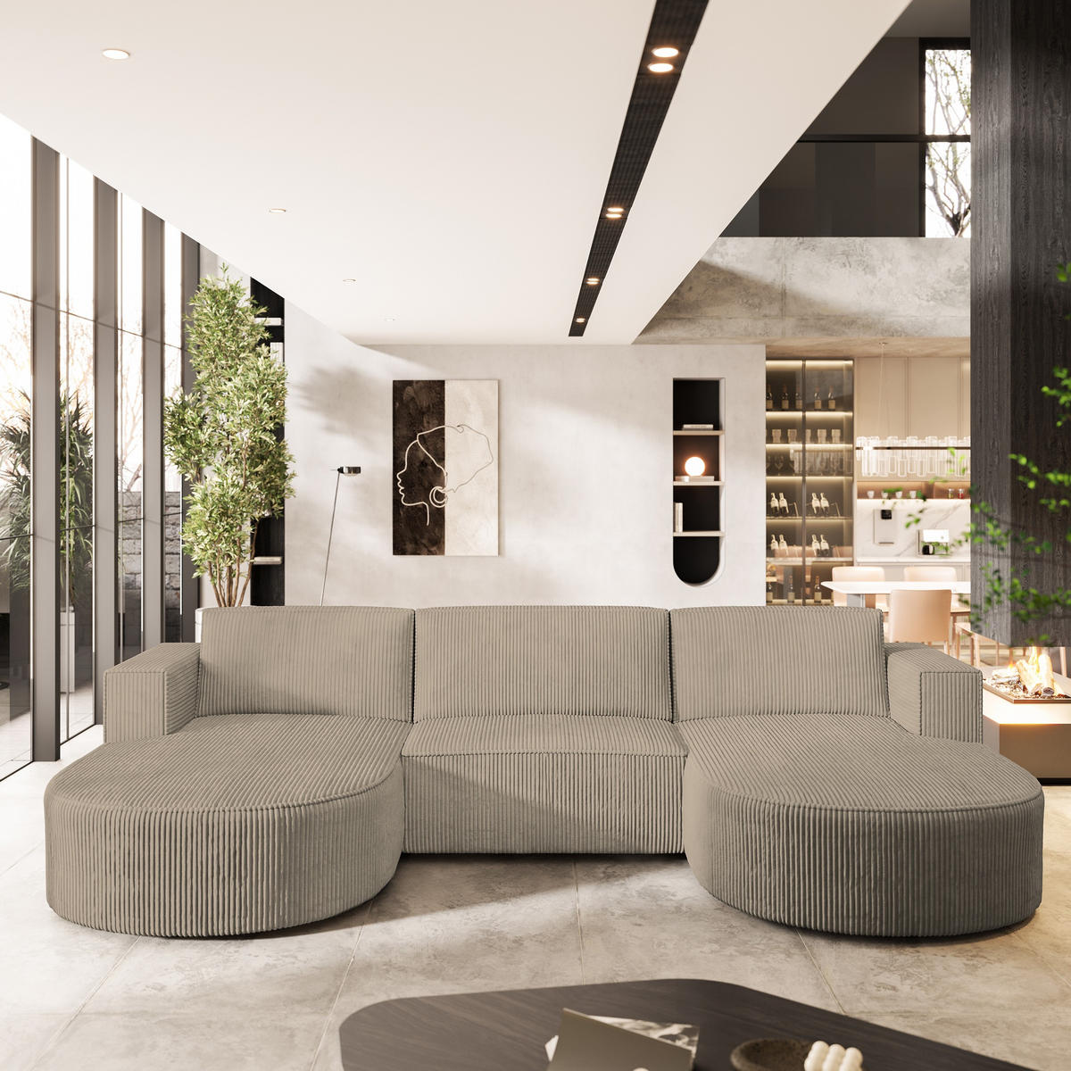 ROHOVÁ SEDAČKA VEZZO béžová - šedá/béžová, dřevo/textil (347/174cm) - MASSENO