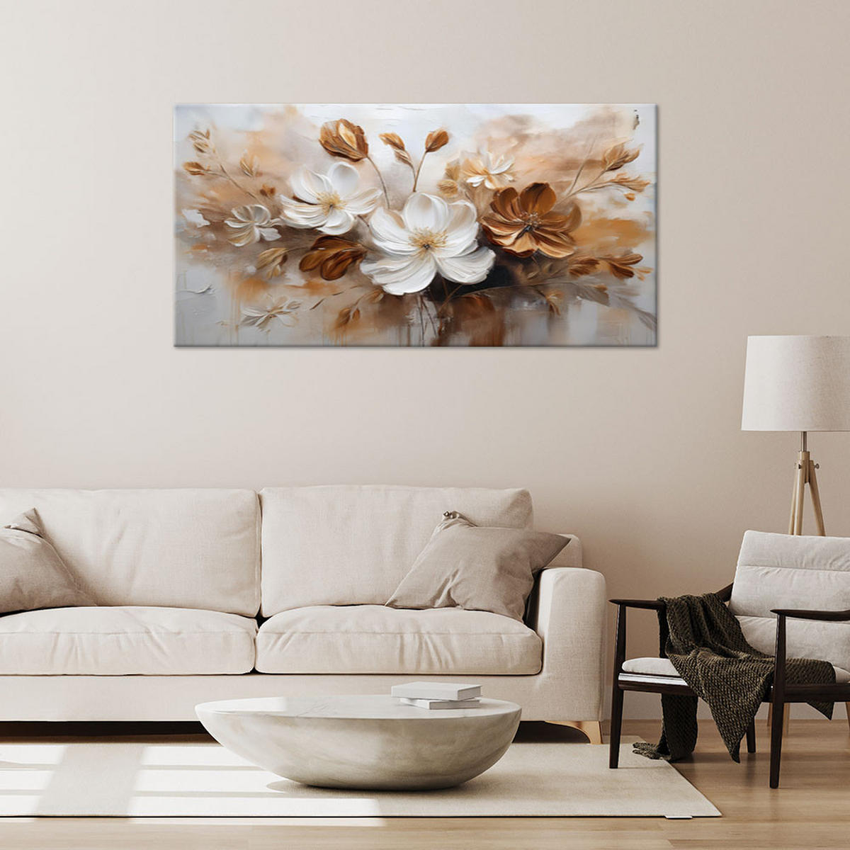 WANDBILD weiß und braun bemalte wildblumen - Beige, Textil (100/50cm) - Feeby