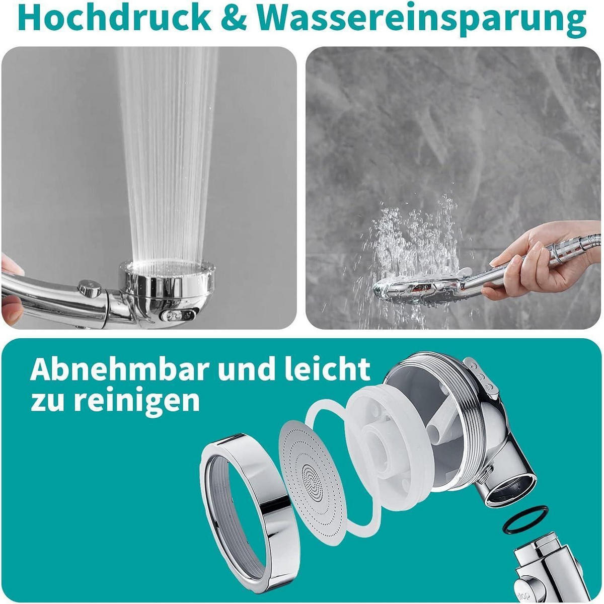 DUSCHKOPF Set mit Wassersparfunktion und 3 Strahlarten - Silberfarben, Metall (8/12.7/24cm)