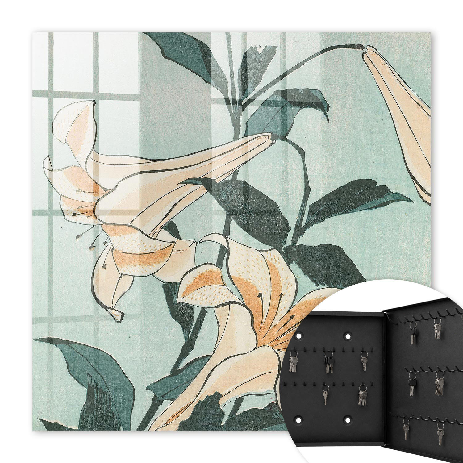 SCHLÜSSELBOX Schwarz 30x30 cm- Türöffnung nach rechts - Zarte Lilien - Grün, Metall (30/30/5cm) - TULUP