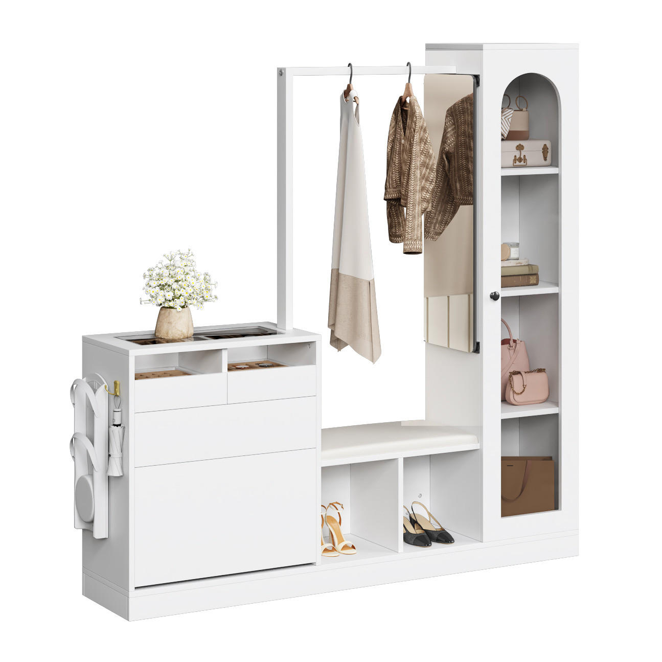 GARDEROBENSET mit LED-Beleuchtung 163x50x161 cm Weiß - Weiß, Holzwerkstoff (35/161/163cm) - Beauniv