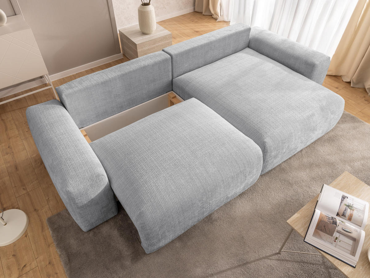ECKSOFA Puffy mit Schlaffunktion und Bettkasten - besonders weich und puffig aus Hellgrau Chenille-Stoff - Ottomane rechts - Hellgrau/Schwarz, Holz/Kunststoff (266/138cm) - S-Style Möbel