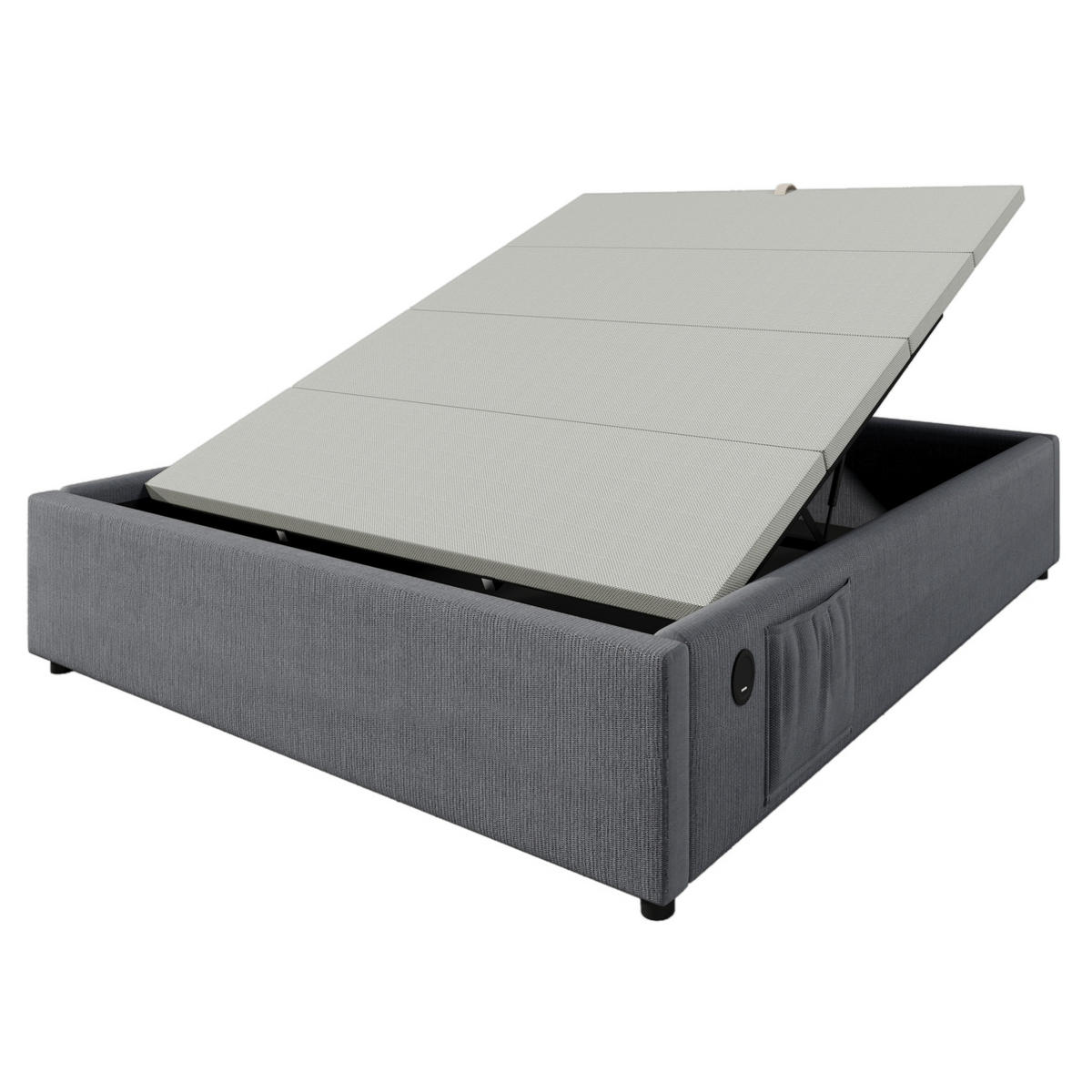 BETT mit Stauraum 160x200 cm Grau Baumwoll-Leinenstoff mit USB-C - Grau, Metall (160/200cm) - Meubliv
