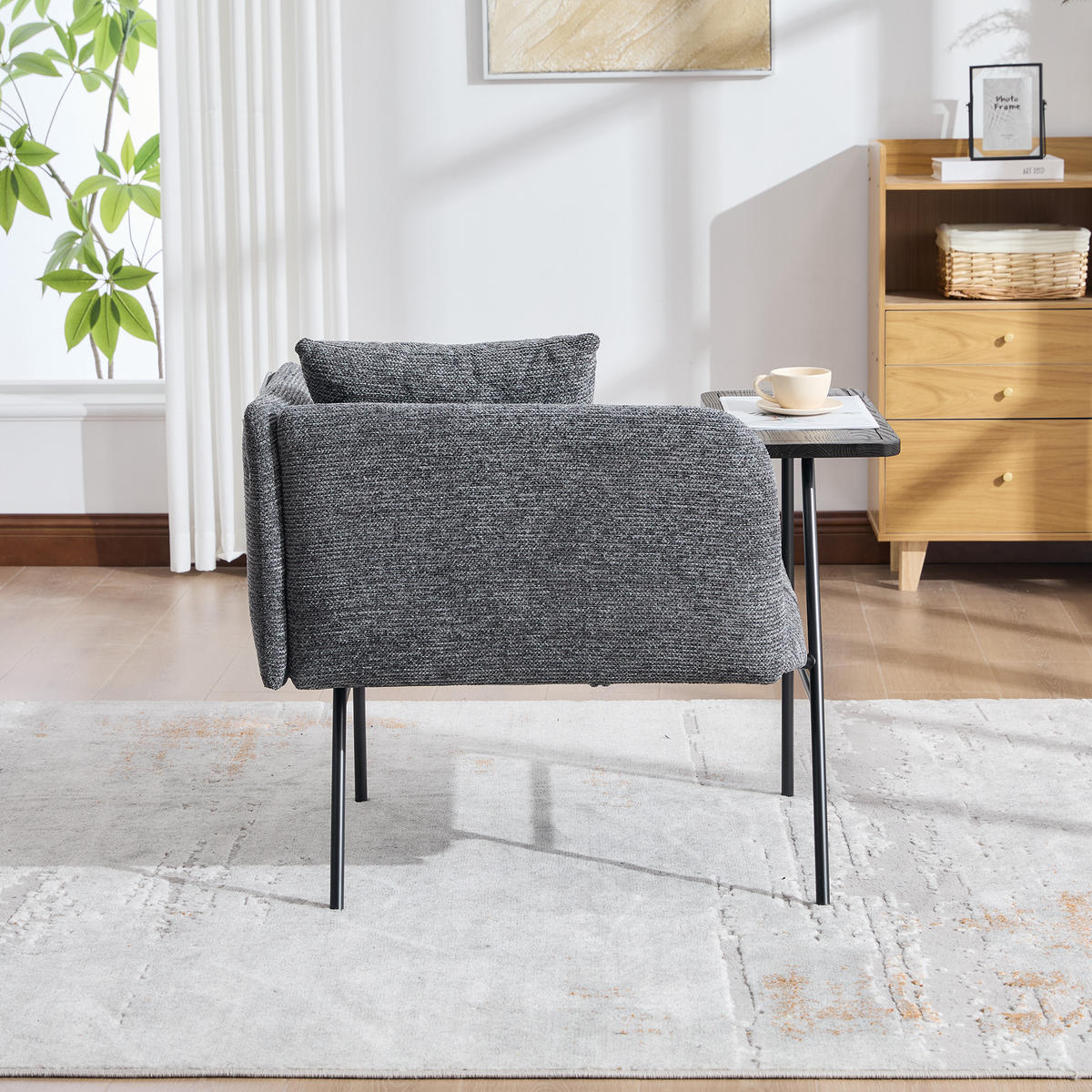 SESSEL Chenille Dunkelgrau mit Beistelltisch und Seitentaschen - Dunkelgrau, Textil/Metall (86/71/72cm) - WISHDOR