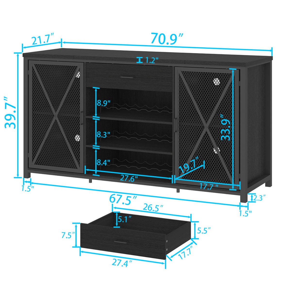 WEINREGAL 180 x 55 x 100 cm INDUSTRIAL Holz Metall Schwarz / Rustikal Eiche - Schwarz, Holzwerkstoff/Metall (180/101.5/55cm) - Quality Elegance