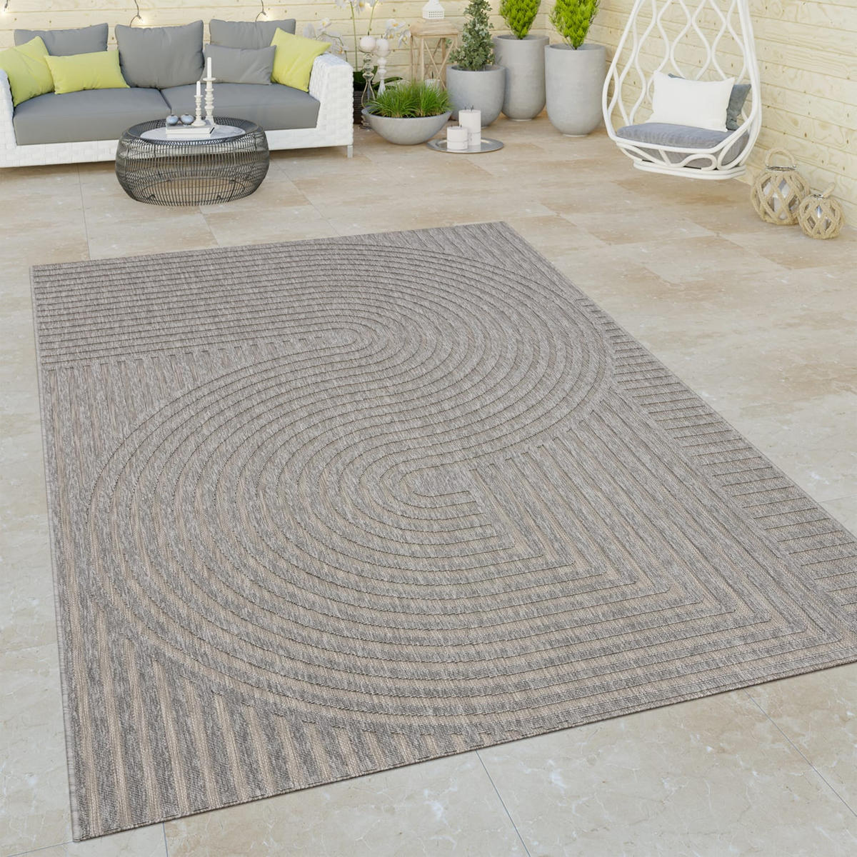 OUTDOOR Teppich Unifarben Spiralmuster Balkon, Terrasse schmutzabweisend Grau Rechteckig 160x230 - Grau, Textil (160/230cm) - KADIMA DESIGN