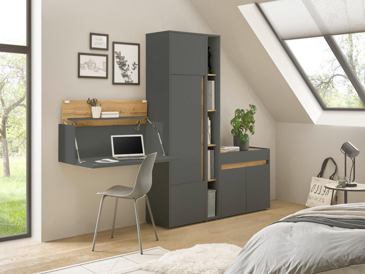 AKTENSCHRANK Set 4-teilig grau matt, Eiche Wotan 250 cm, Büromöbelkombination mit Sekretär und viel Stauraum - Eiche Wotan/Schwarz, Holzwerkstoff/Kunststoff (250/200/40cm) - Furn.Design