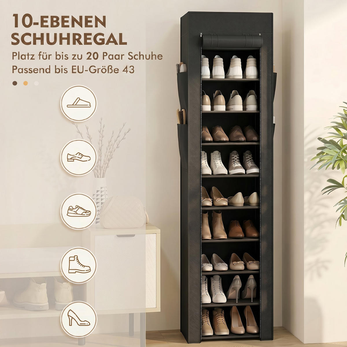 SCHUHREGAL Vliesstoff, Metall Schwarz - Schwarz, Kunststoff/Textil (30/175/45cm) - HOMCOM