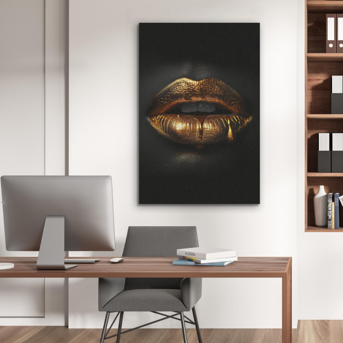 AKUSTIKBILD Frau - Porträt - Lippen - Gold - Schwarz Wanddeko 60x90 cm - Schwarz, Kunststoff (60/90/0.9cm) - MuchoWow