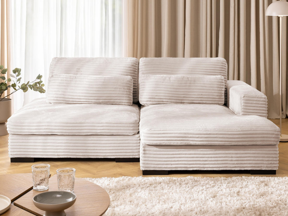 ECKSOFA Wolke mit tiefer Sitzfläche, Schlaffunktion und praktischem Bettkasten aus weichem Hellbeige Cordstoff - Beige/Schwarz, Holz/Kunststoff (225/162cm) - S-Style