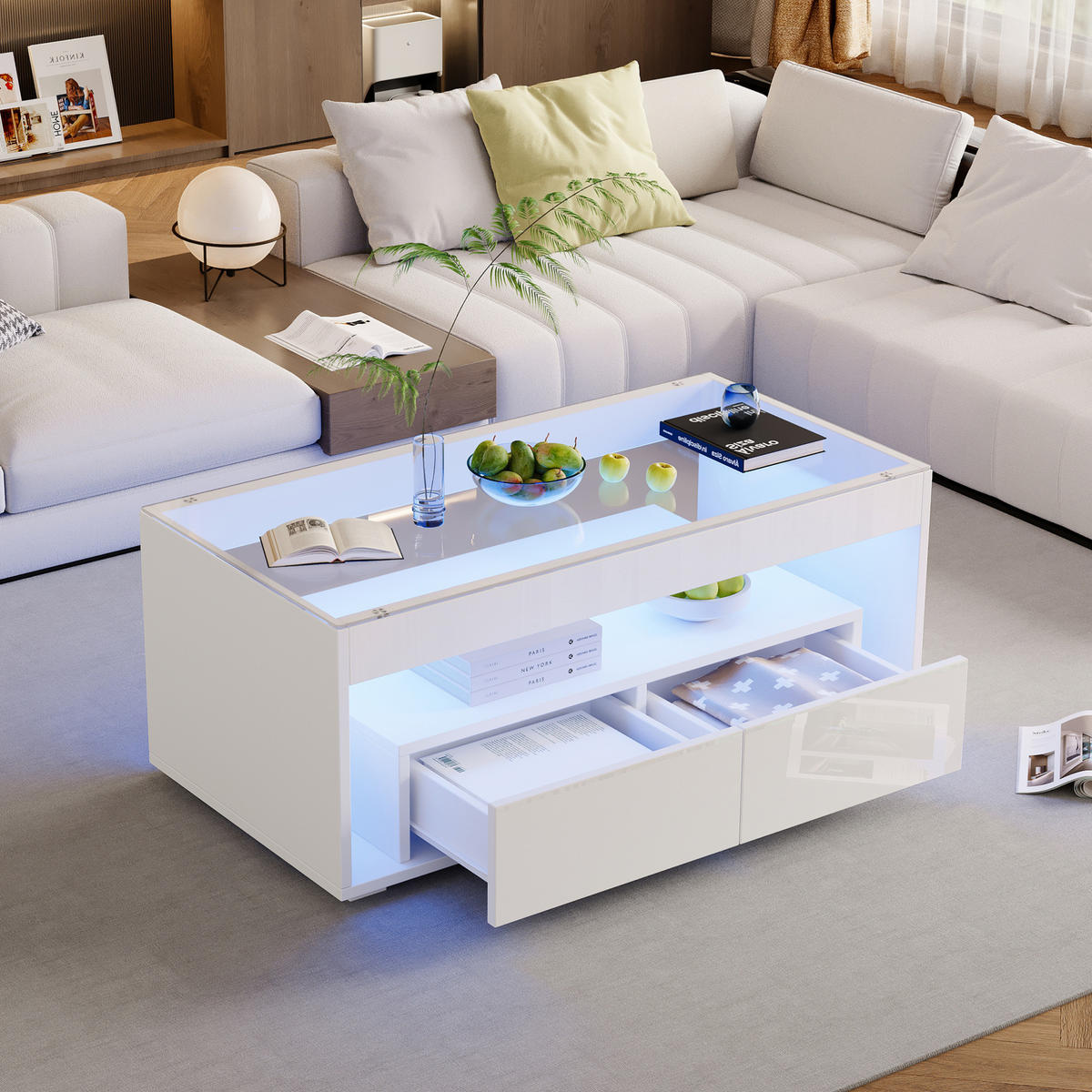 COUCHTISCH 100/50/40 cm Weiß aus Spanplatte und gehärtetem Glas mit LED-Beleuchtung - Weiß, Holzwerkstoff (100/50/40cm) - OKMYHOME