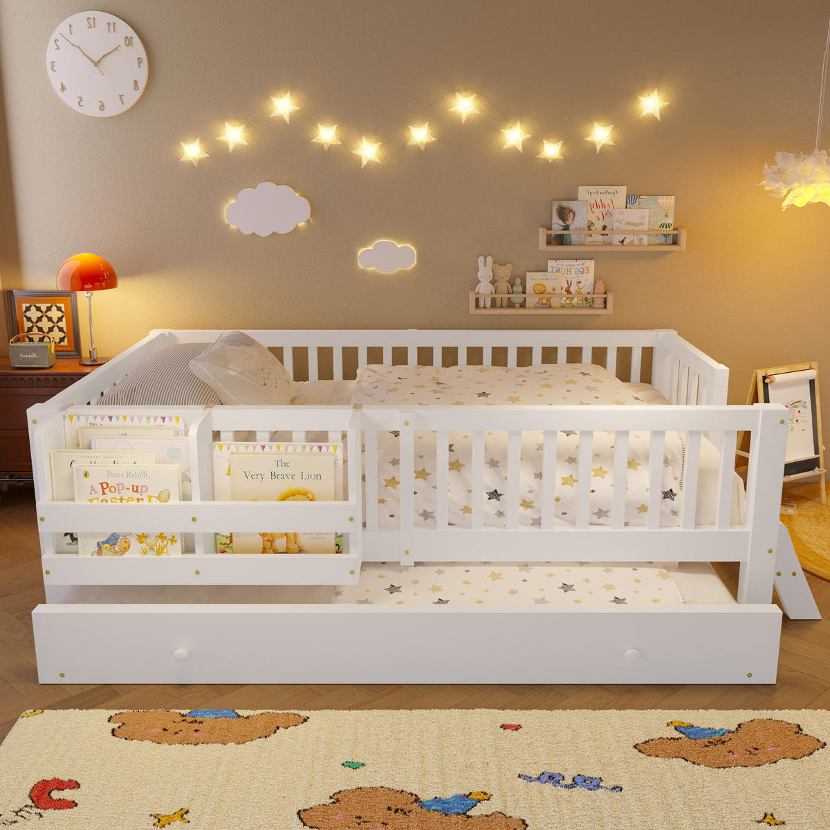 KINDERBETT 90/200 cm in Weiß mit Ausziehbett und Rausfallschutz im skandinavischen Design - Weiß, Holzwerkstoff (90/200cm) - STILVORA