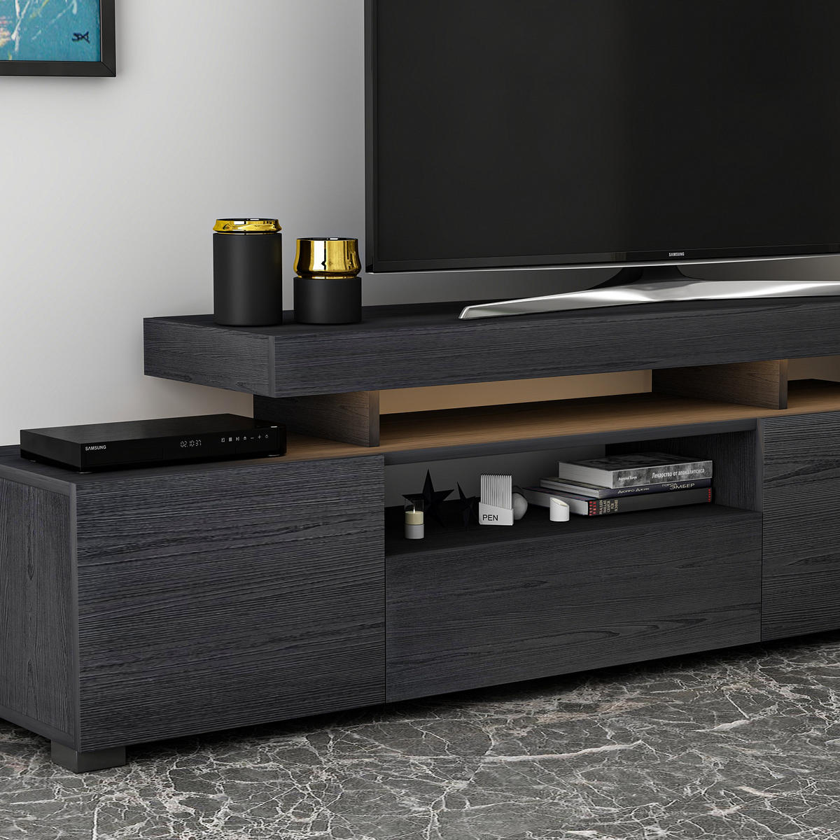 TV-LOWBOARD Schwarz mit LED Beleuchtung 9055 - Schwarz, Holzwerkstoff (192/53/37cm) - moebel17