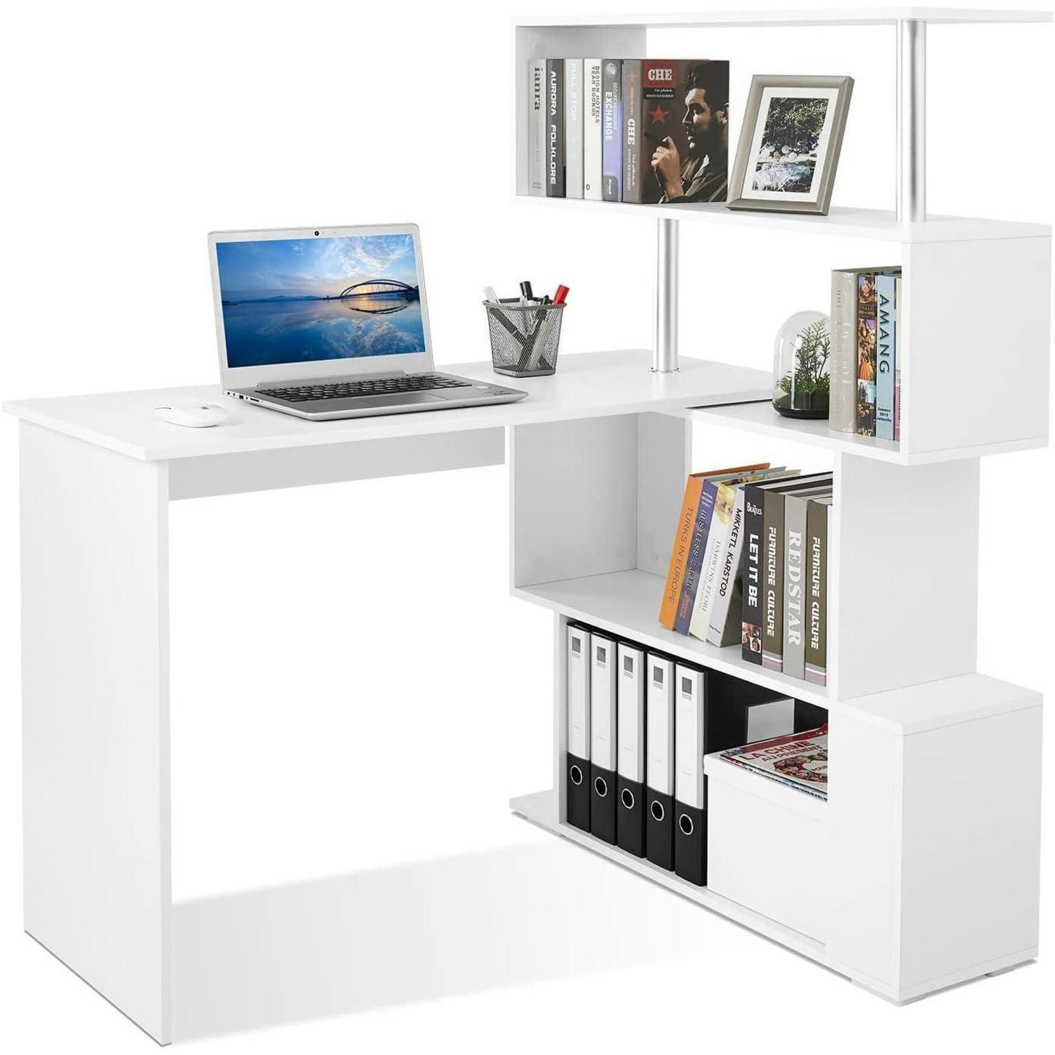 COMPUTERTISCH L-förmig mit drehbarem Bücherregal Weiß 157 x 45 x 130,5 cm - Weiß, Holzwerkstoff (45/157/130.5cm)