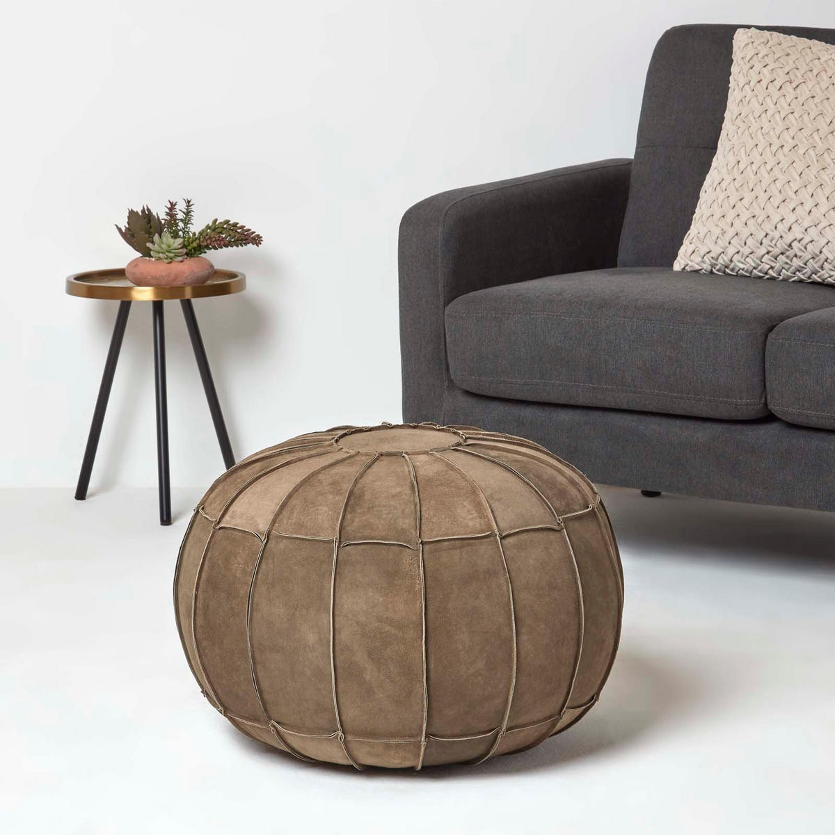 SITZPOUF rund aus Leder, 50/50/40 cm - Braun, Leder (50/40/50cm) - Homescapes
