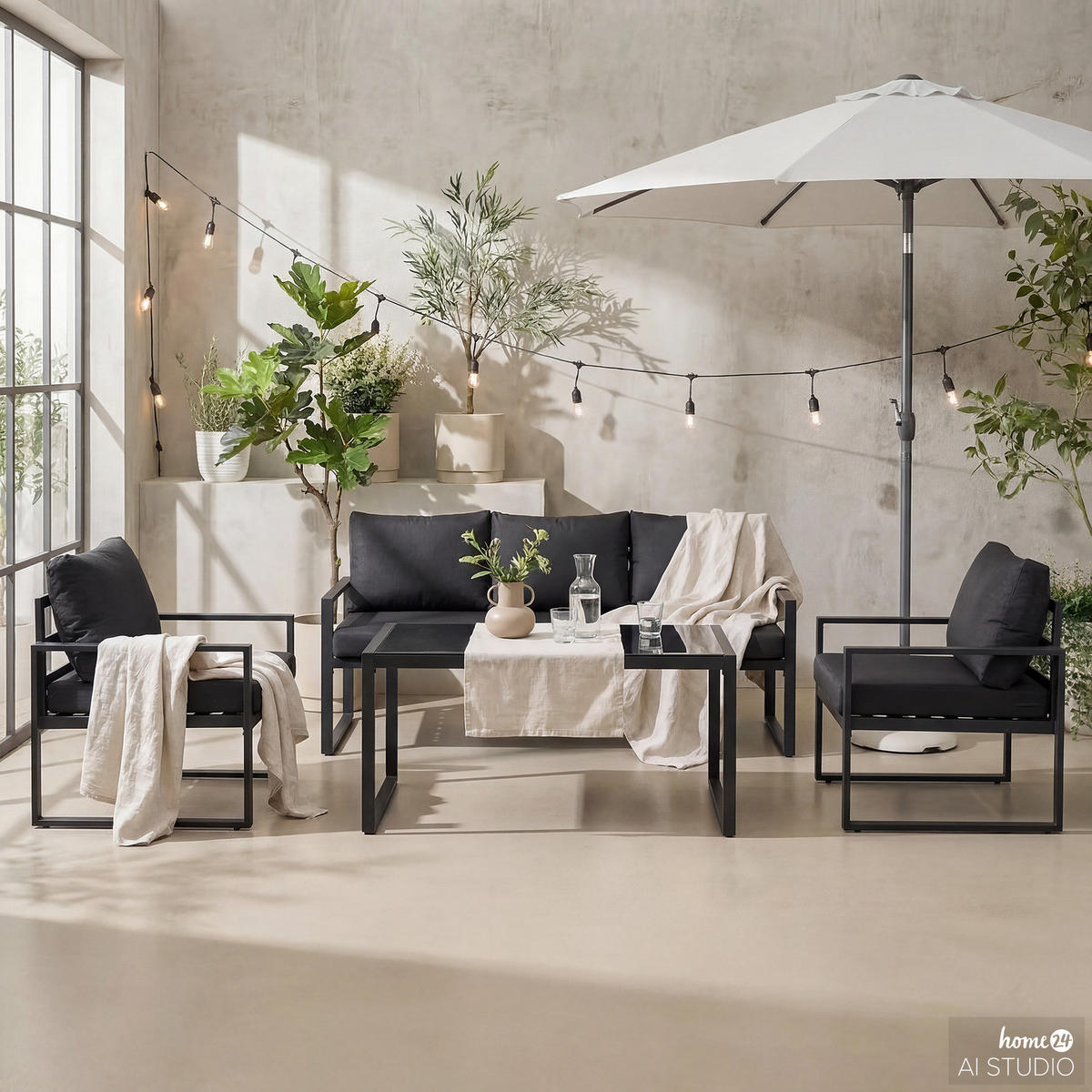 GARTENSITZGRUPPE - 4-teilig - Stahl / Polyester - Schwarz / Grau - Schwarz/Grau, Glas/Textil - home24