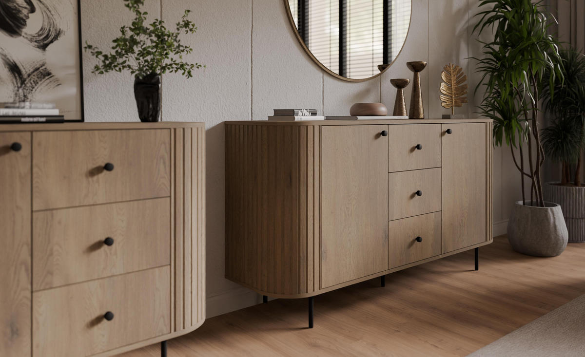 SIDEBOARD Halay Eiche Cremona 2 Türen & 3 Schubladen Moderne Rillenstruktur 164,6 cm - Eichefarben/Schwarz, Holzwerkstoff/Metall (164.6/85.4/42.3cm) - AX Living