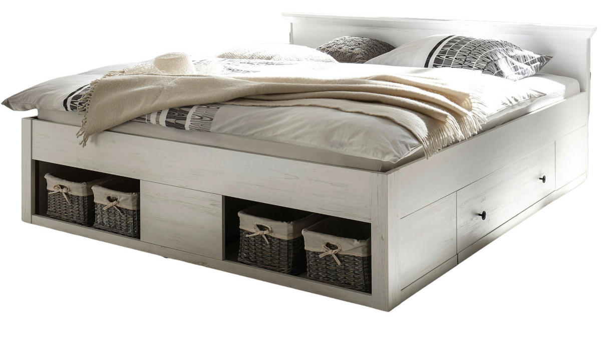 BETT Pinie weiß Liegefläche 180 x 200 cm, Stauraumbett mit Bettschubkasten - Schwarz/Weiß, Holzwerkstoff/Kunststoff (180/200cm) - Furn.Design