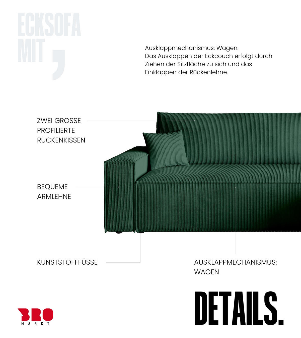 ECKSOFA ADI mit Schlaffunktion Dunkelgrün Cord - Dunkelgrün, Textil (244/143cm) - Bromarkt