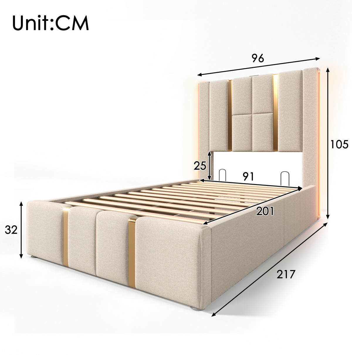 POLSTERBETT 90/200 cm Beige mit Stauraum, LED-Beleuchtung und USB-/Type-C-Anschlüssen - Beige, Textil (90/200cm) - Flora Grace