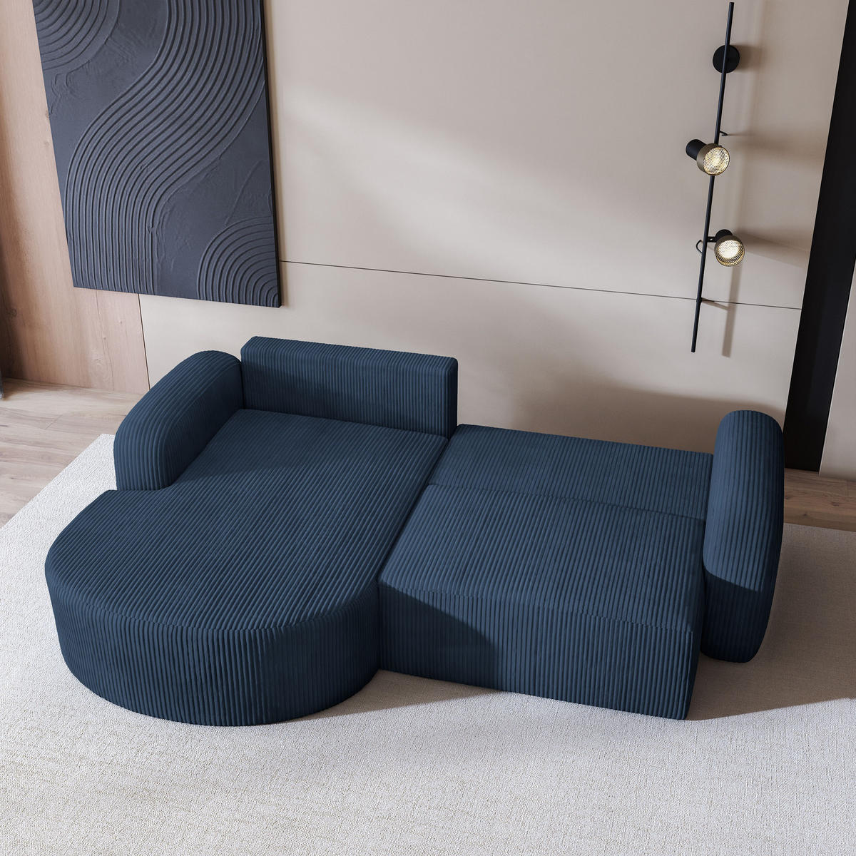 ECKSOFA AMILIA P L-S Blau Kordstoff mit Schlaffunktion - Blau, Holz (263/174cm) - MASSENO