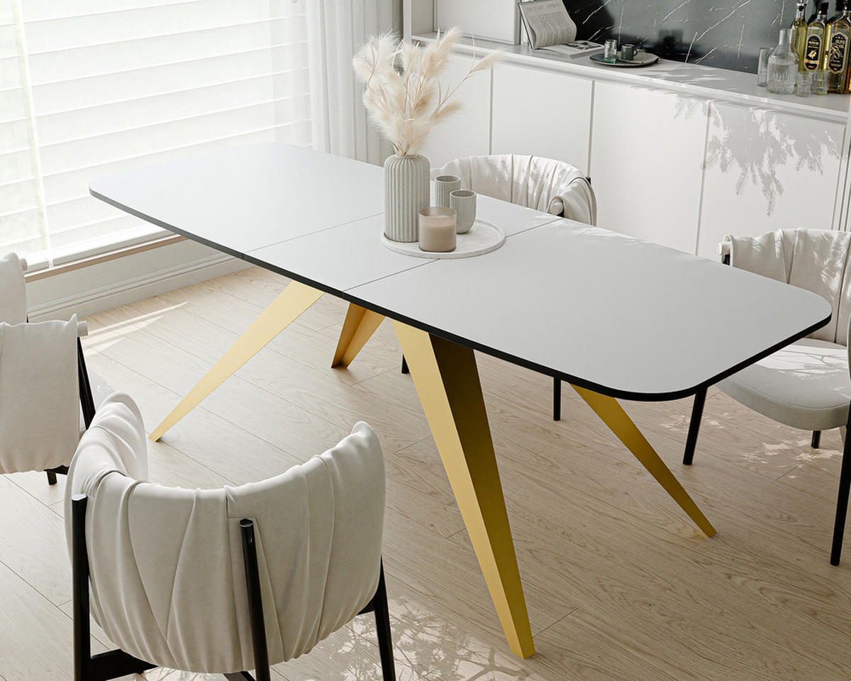 AUSZIEHTISCH FENTO 180/90/76 cm, Gold / Weiß - Weiß, Holzwerkstoff/Metall (90/180/76cm) - Idohome