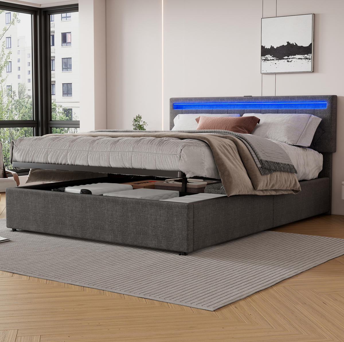 POLSTERBETT 160/200 cm mit Bettkasten, LED-Beleuchtung und USB-C in Grau - Grau, Textil (160/200cm) - BEAOK