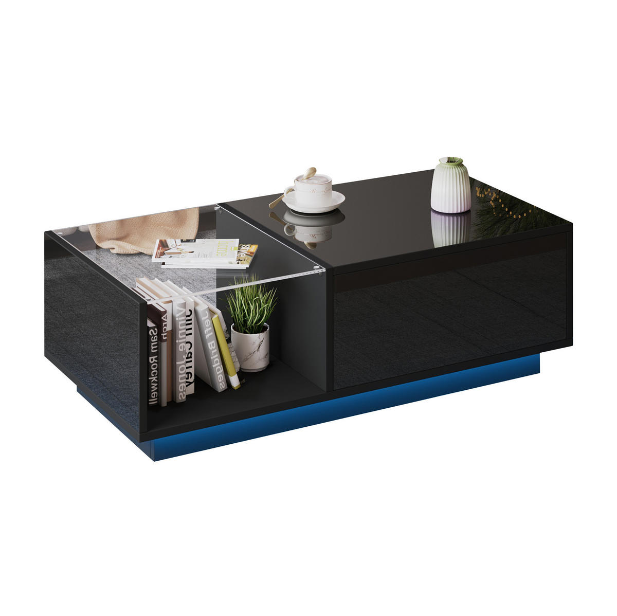 COUCHTISCH 100/50/33-46,5 cm mit LED-Beleuchtung und Stauraum, höhenverstellbar - Schwarz, Holzwerkstoff (100/50/33cm) - Flora Grace