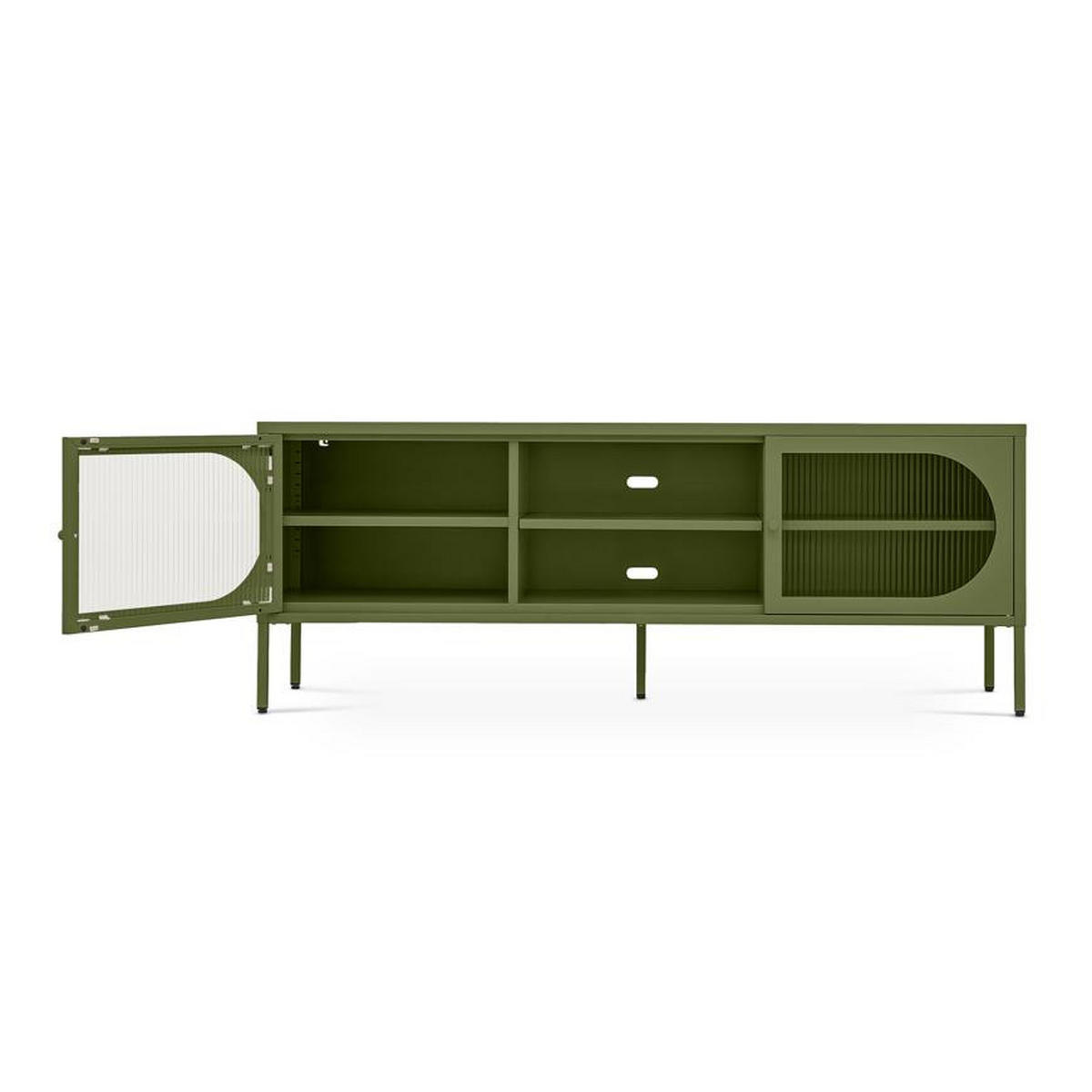 TV-LOWBOARD Industrielles aus olivgrünem Metall, 160 cm, 2 Türen aus geriffeltem Glas - COME - Grün, Metall (160/60/40cm) - Sicaan