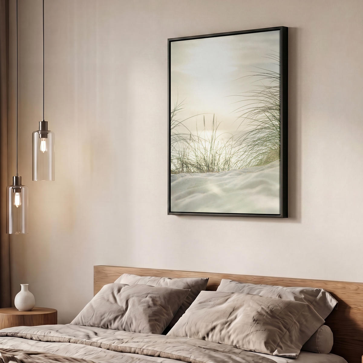 LEINWAND Bilder mit Rahmen - Dünen mit Strandhafer in der Sonne des Nationalparks Schleswig-Holsteinisches Wattenmeer - 60x80 - Creme, Textil (60/80cm) - MuchoWow