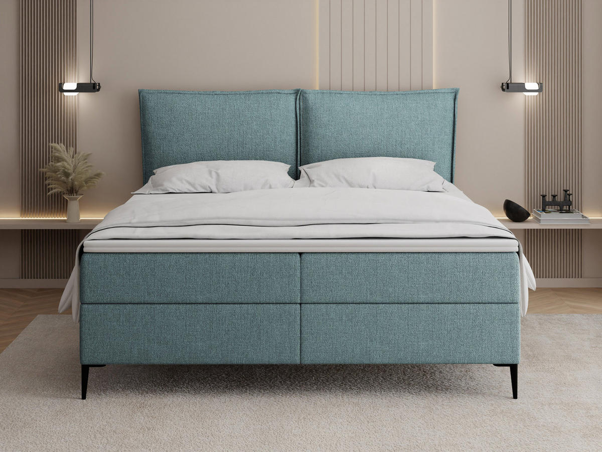 BOXBETT Calio Rise mit Bettkasten, Türkis Chenille 180x200 cm – inkl. H4 Taschenfederkern Matratze & Foam Topper - Türkis/Schwarz, Holz/Holzwerkstoff (180/200cm) - WFL GROUP
