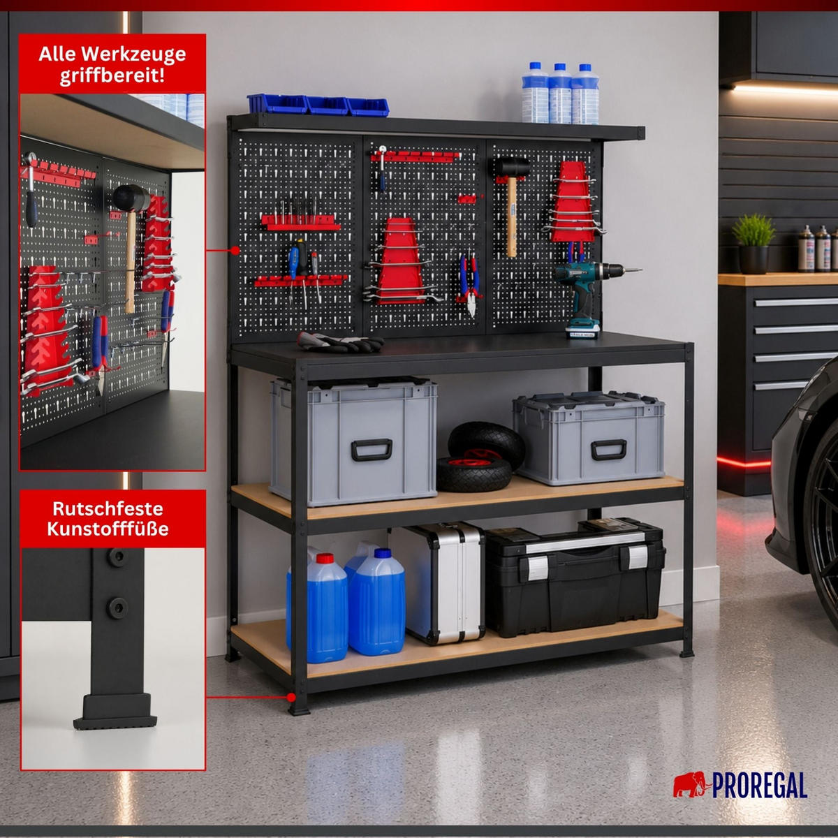 WERKBANK ARES mit Werkzeug Lochwand & Werkzeughalter-Set - Schwarz, Metall (120/155/60cm) - PROREGAL