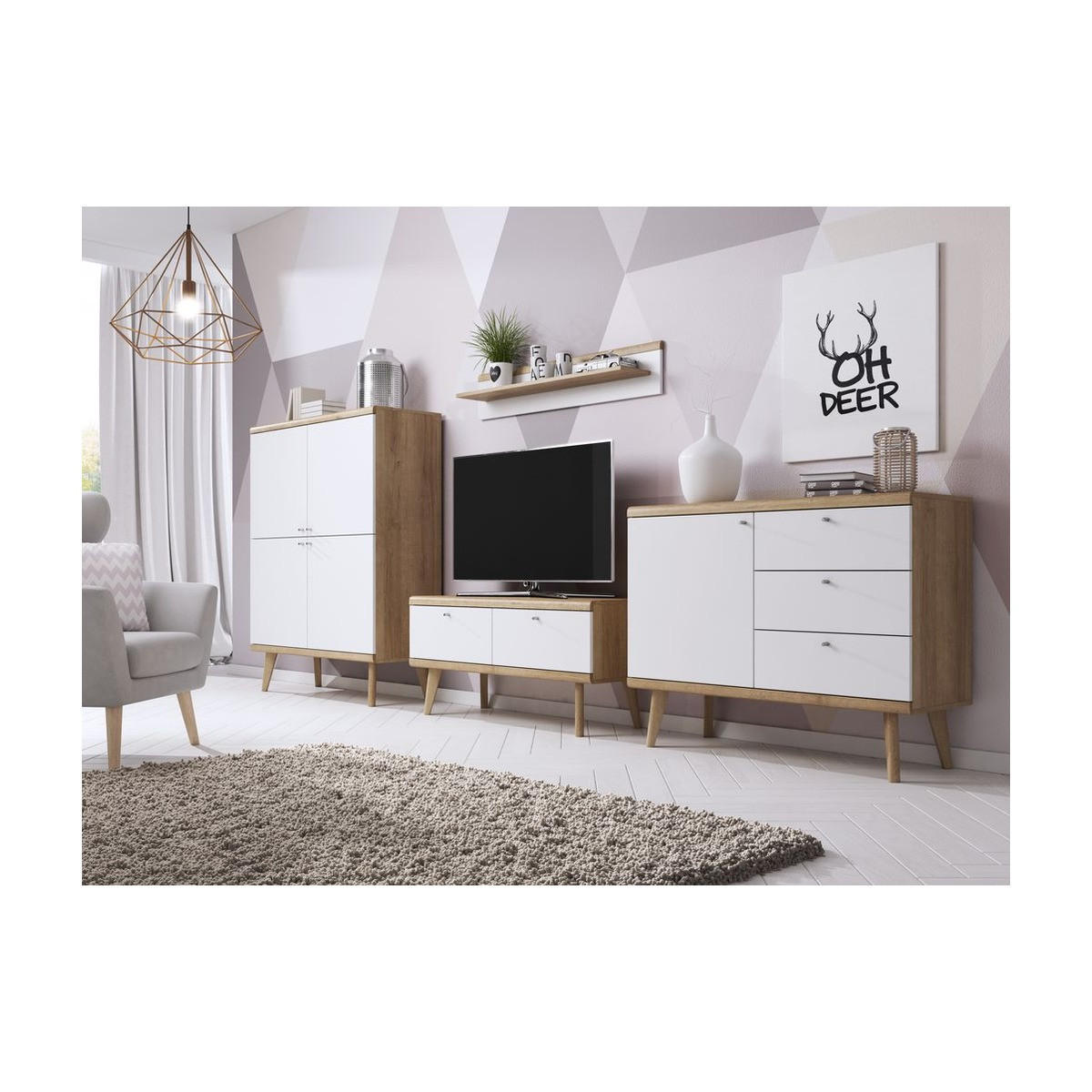 WOHNZIMMER Set 4-tlg. – Primo – Weiß / Sonoma Eiche - Weiß, Holzwerkstoff (107/83/40cm) - hi-markt
