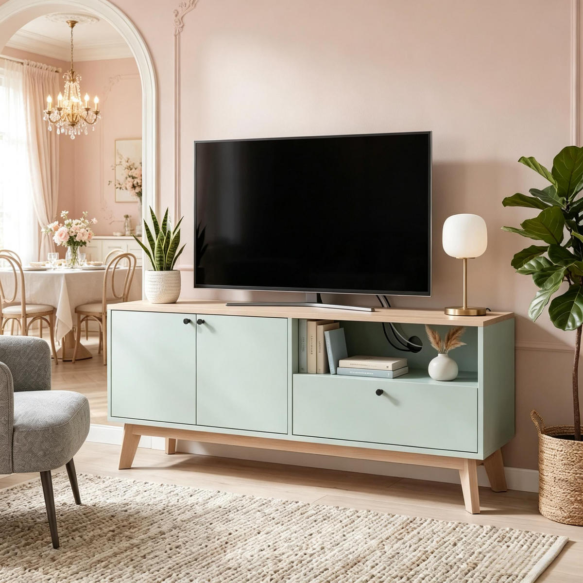 TV-SCHRANK 120/35/50 cm Hellgrün Eiche mit 1 Schublade und 2 Türen - Eichefarben, Holzwerkstoff (120/50/35cm) - Oxeza