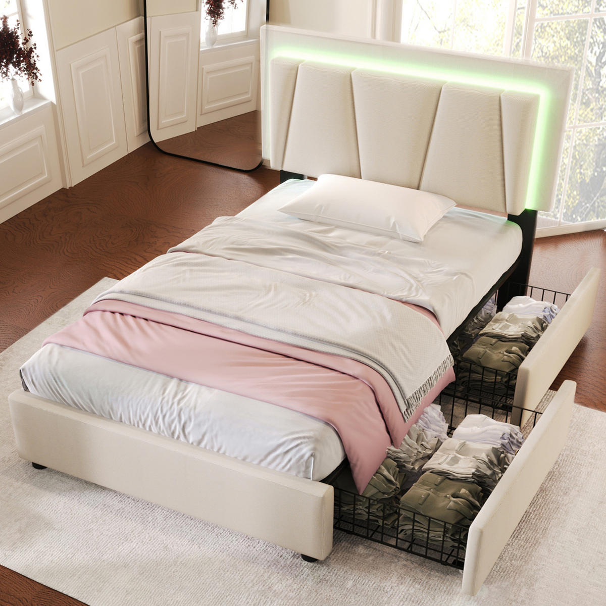 POLSTERBETT 90/200 cm Beige mit LED-Beleuchtung mit 2 Schubladen - Beige, Holzwerkstoff (90/200cm) - OKWISH