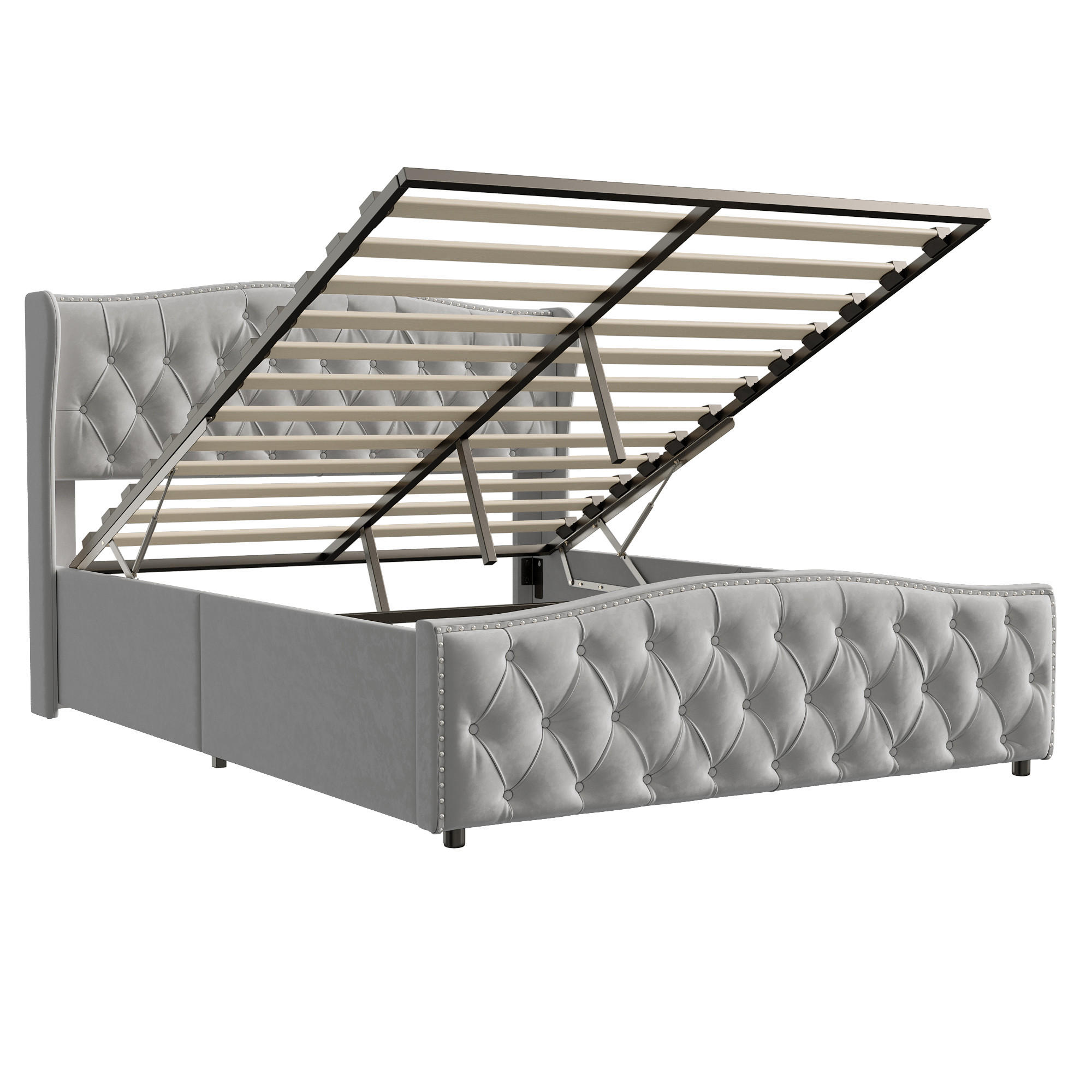 DOPPELBETT 140x200 cm Grau Samt, Polsterbett, Hydraulischer Bettkasten, Diamant-Knopfheftung, Tragfähigkeit 300 kg, Skandinavischer Stil - Grau, Metall (140/200cm) - GENKI LIVING