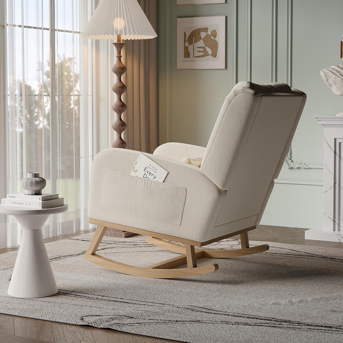 SCHAUKELSTUHL Leinen gepolstert Seitentasche beige - Beige, Holz (93/96/52cm) - LEBENLANG