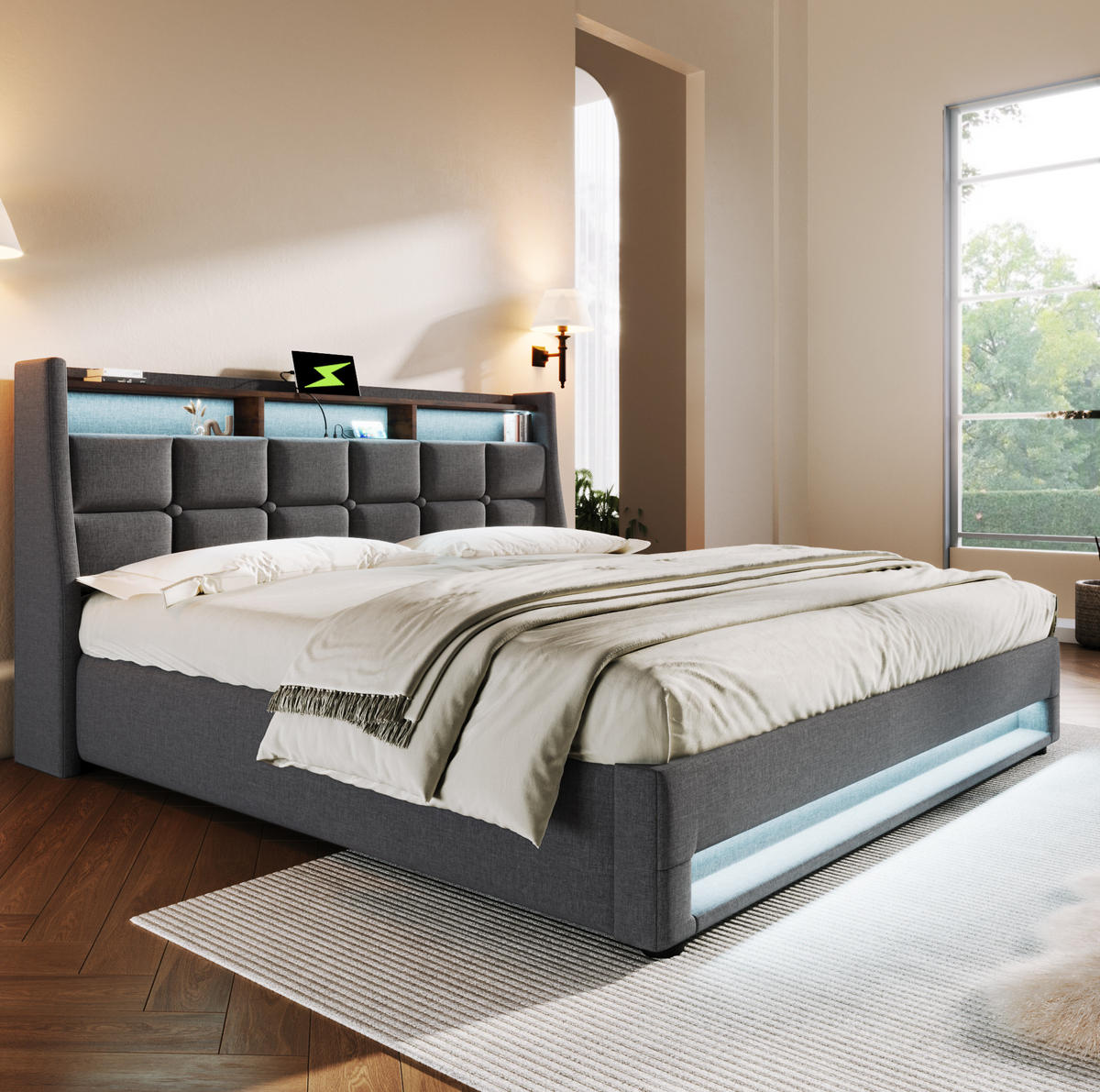 POLSTERBETT mit Stauraum, USB und LED 180x200 cm Leinen Grau - Grau, Metall (180/200cm) - Meubliv