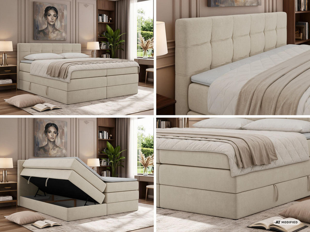 BOXSPRINGBETT SOLVEN KING 160/200 - Creme Jersey - Topper T25 - H4 - Creme/Schwarz, Kunststoff/Textil (160/200cm) - MKS