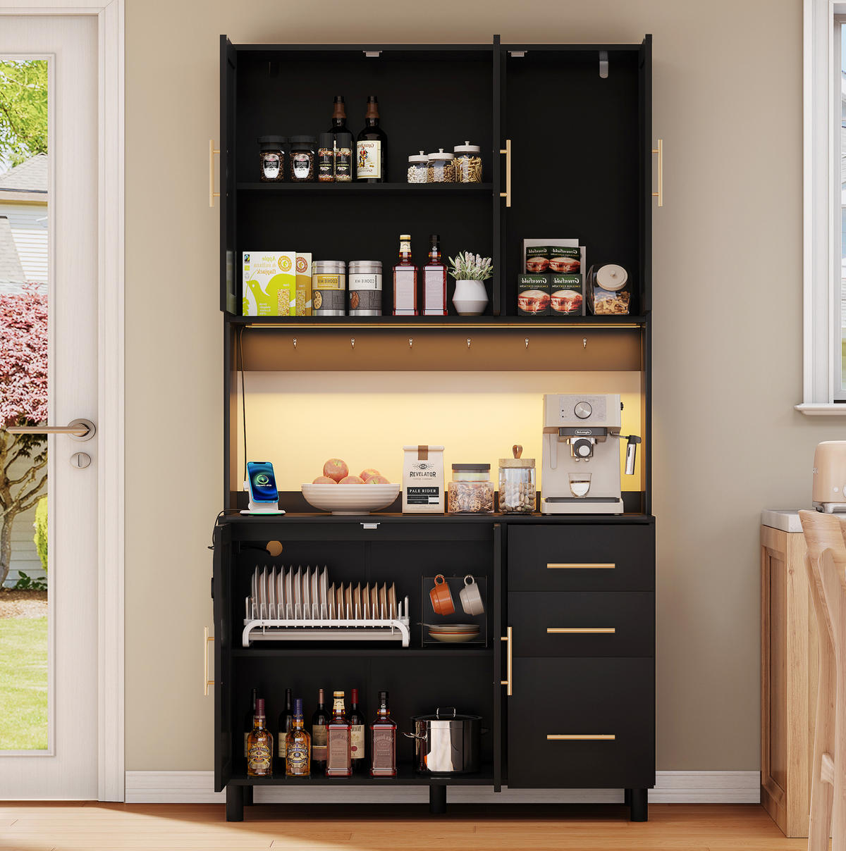 BUFFET aus MDF 100x40x183 cm Schwarz mit LED-Beleuchtung, App-Steuerung, Steckdosen, USB-Anschluss und viel Stauraum - Schwarz, Holzwerkstoff (100/183/40cm) - Modfu