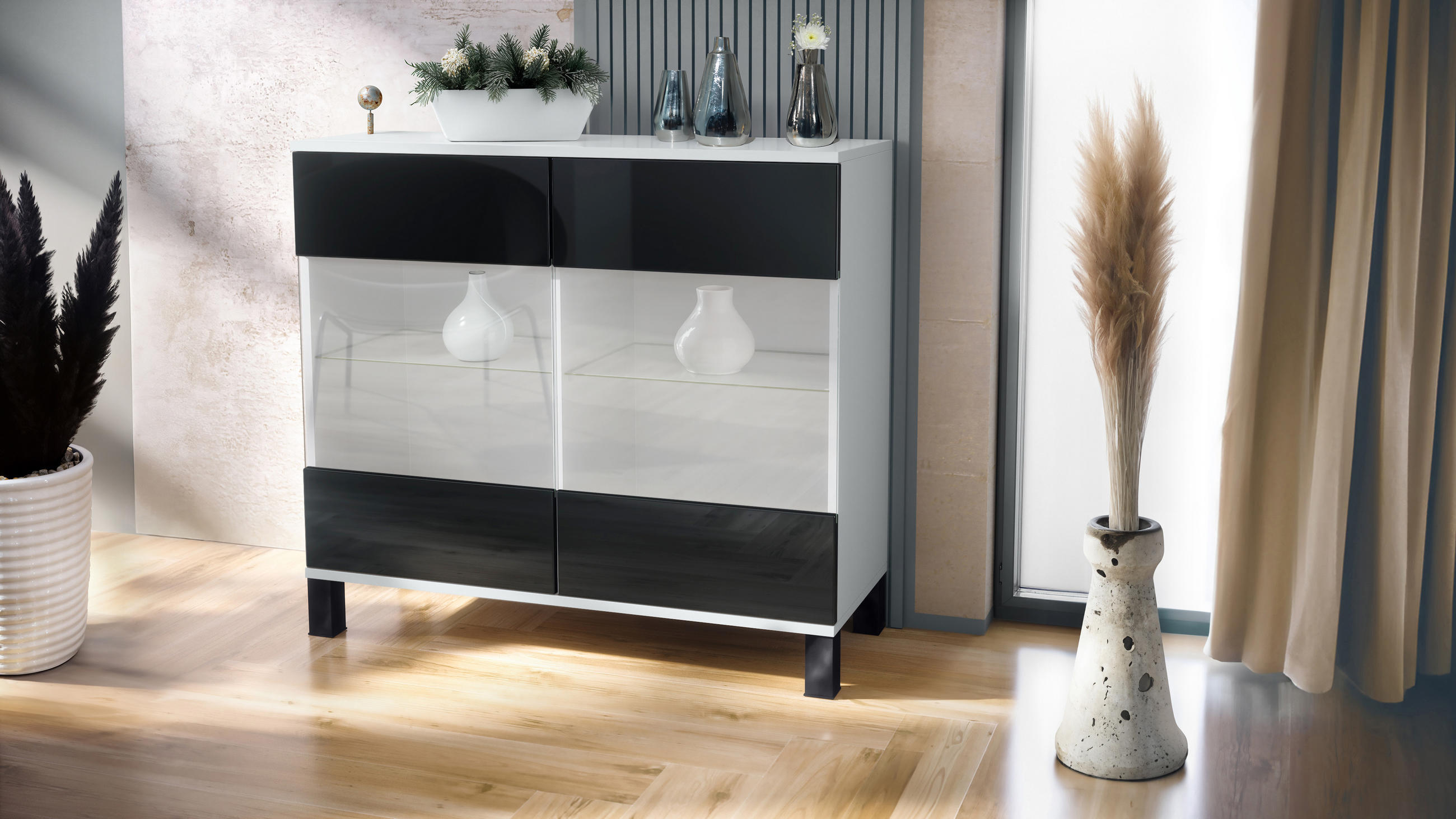 KOMMODE Bari Schwarz Hochglanz - Schwarz Hochglanz, Holzwerkstoff (92.5/84.5/35cm) - Vladon