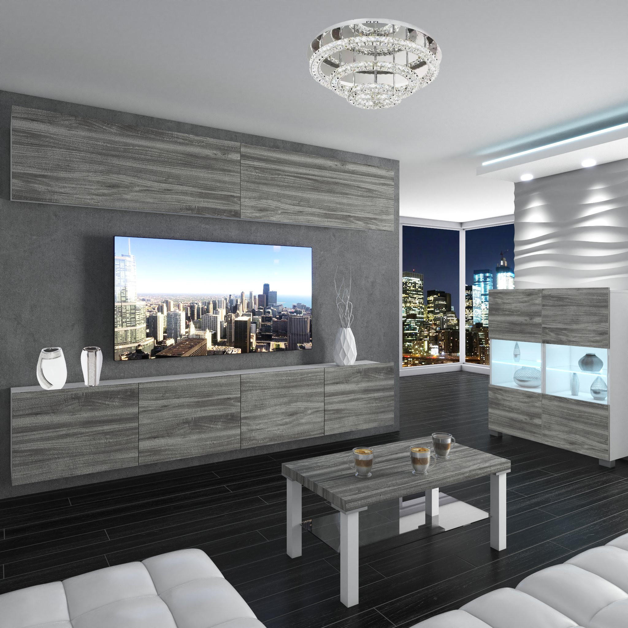 WOHNZIMMERWAND Schrankwand mit LED Glamour Holz - Grau, Holz (200/180/36cm) - B BELINI GROUP